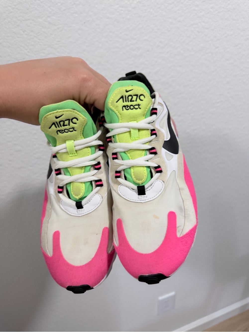 Nike Women's Pink, Neon Green & Black Air Max 270 React Sneakers - Picture 7 of 9